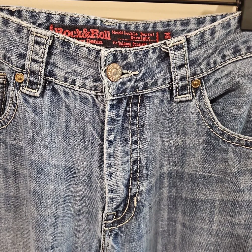 Rock And Roll Cowboy Jeans Men 36x34 Blue Denim Double Barrel Straight Relaxed